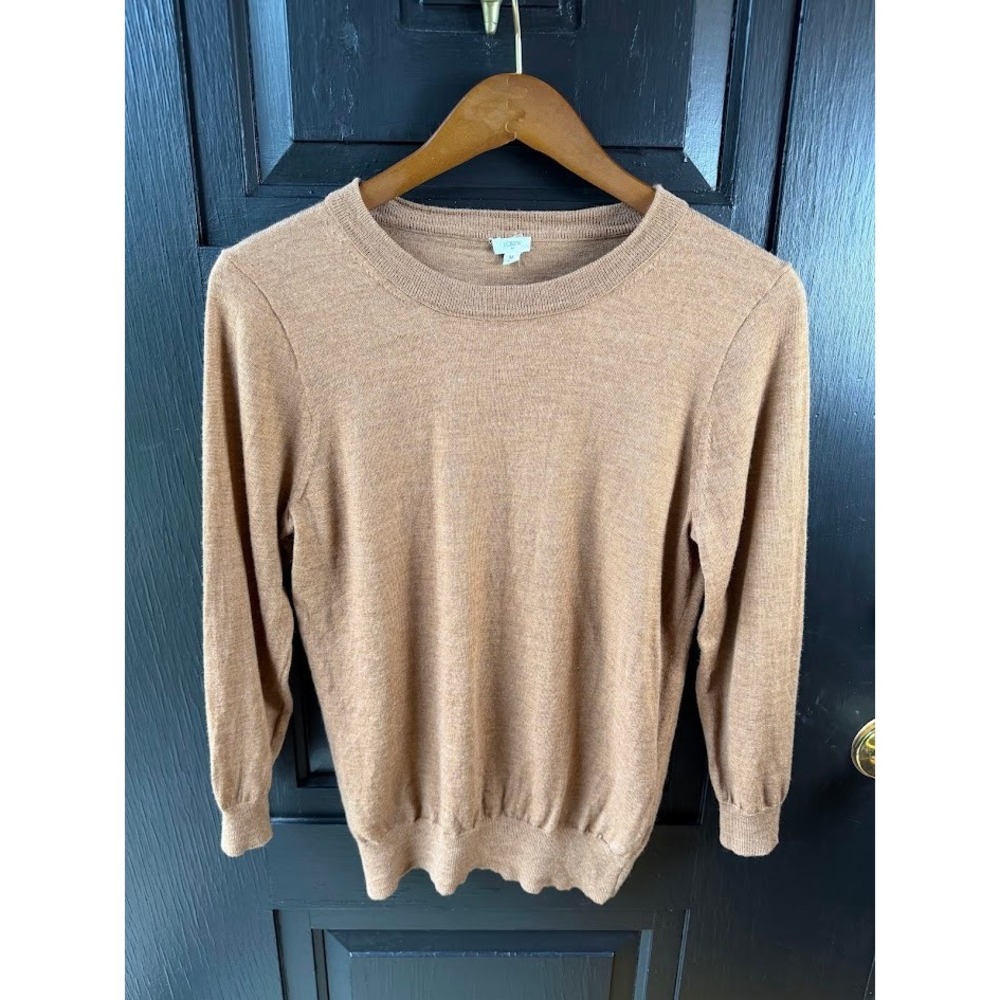 J.Crew Womens 100% Merino Wool Crewneck Sweater Camel Tan Pullover Top Size M